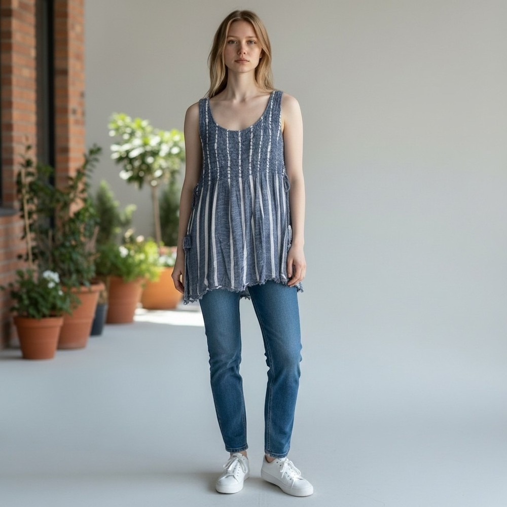 Free People Obi Posey Smock Top Cover Up Dress Blue Railroad Stripe Boho L
